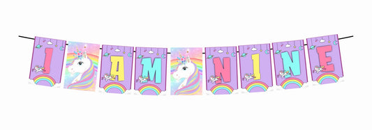Unicorn Theme I Am Nine 9th Birthday Banner for Photo Shoot Backdrop and Theme Party
