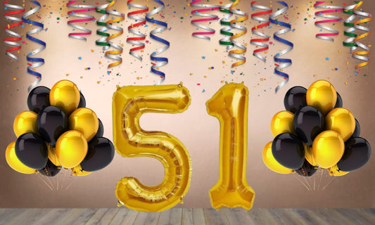Number 51  Gold Foil Balloon and 25 Nos Black  and Gold Color Latex Balloon Combo