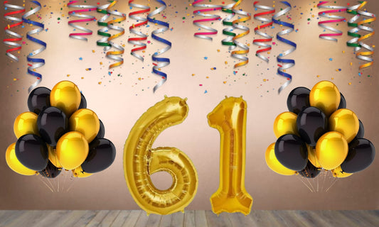 Number 61  Gold Foil Balloon and 25 Nos Black  and Gold Color Latex Balloon Combo