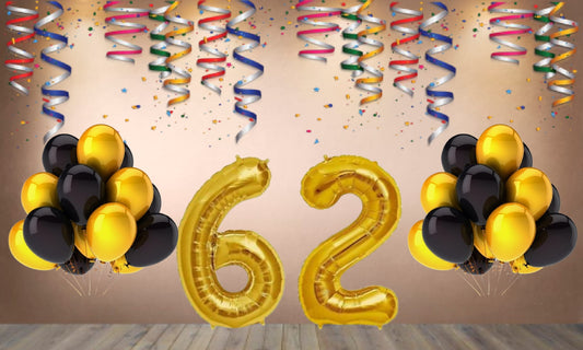 Number 62  Gold Foil Balloon and 25 Nos Black  and Gold Color Latex Balloon Combo