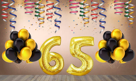 Number 65  Gold Foil Balloon and 25 Nos Black  and Gold Color Latex Balloon Combo
