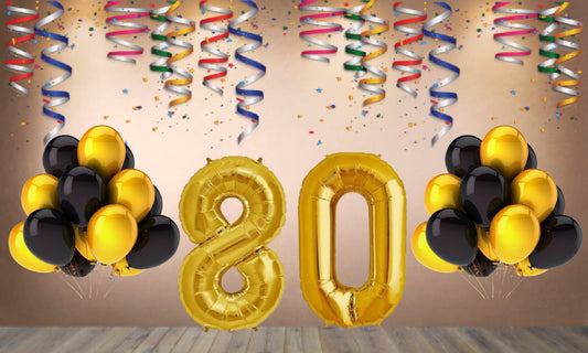 Number 80 Gold Foil Balloon and 25 Nos Black  and Gold Color Latex Balloon Combo