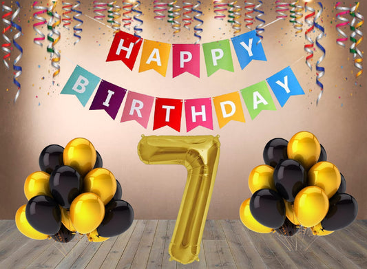 Number 7 Gold Foil Balloon and 25 Nos Black and Gold Color Latex Balloon and Happy Birthday Banner Combo