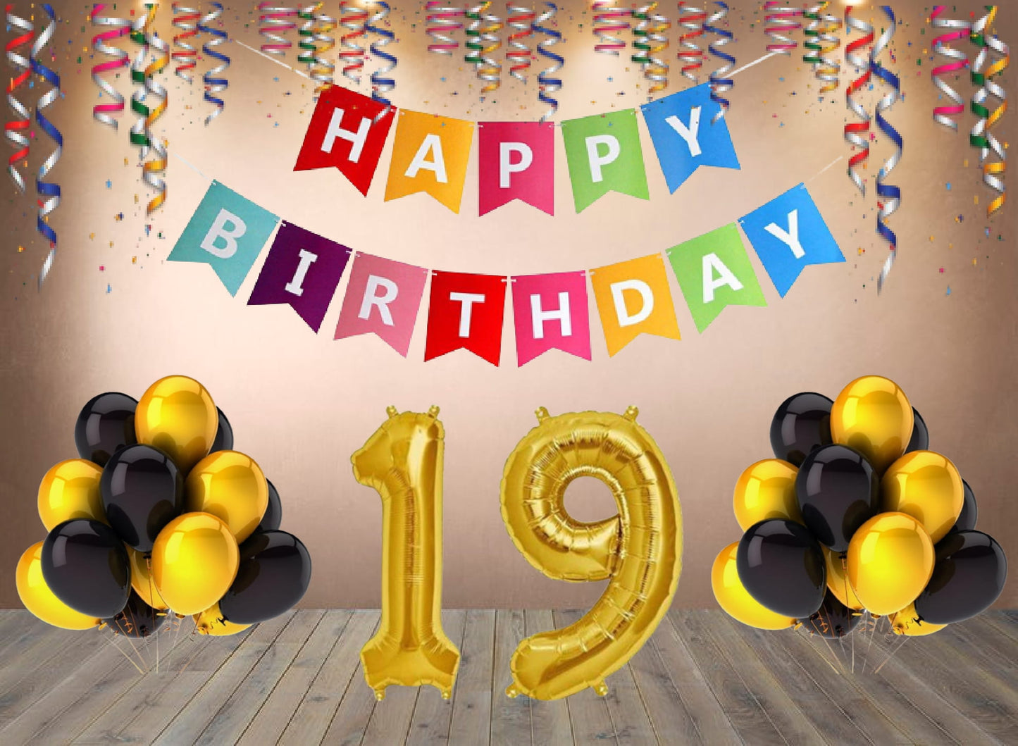 Number 19 Gold Foil Balloon and 25 Nos Black and Gold Color Latex Balloon and Happy Birthday Banner Combo