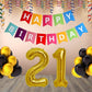 Number 21 Gold Foil Balloon and 25 Nos Black and Gold Color Latex Balloon and Happy Birthday Banner Combo