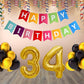 Number 34 Gold Foil Balloon and 25 Nos Black and Gold Color Latex Balloon and Happy Birthday Banner Combo