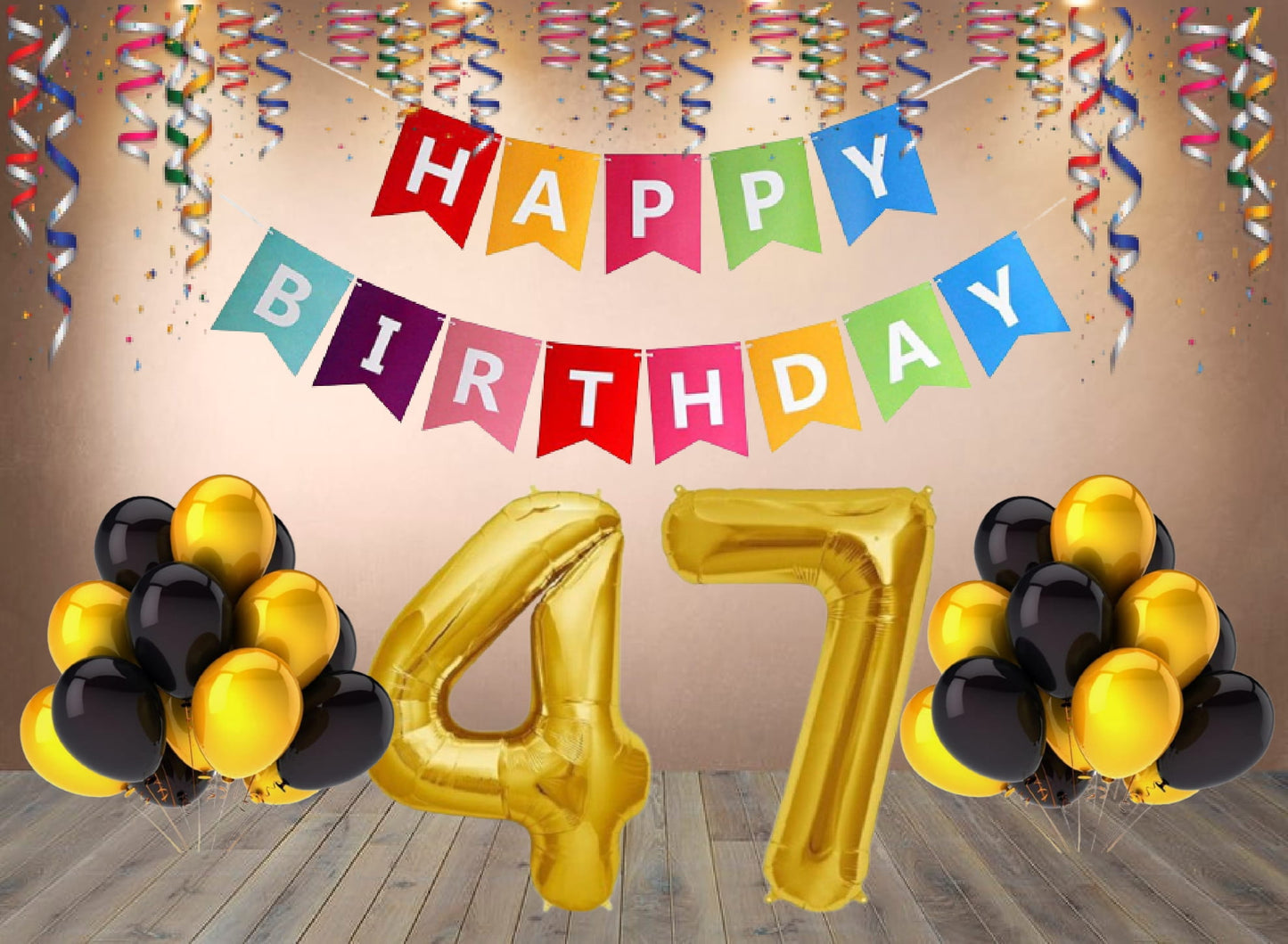 Number 47 Gold Foil Balloon and 25 Nos Black and Gold Color Latex Balloon and Happy Birthday Banner Combo