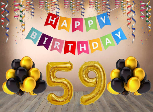 Number 59 Gold Foil Balloon and 25 Nos Black and Gold Color Latex Balloon and Happy Birthday Banner Combo