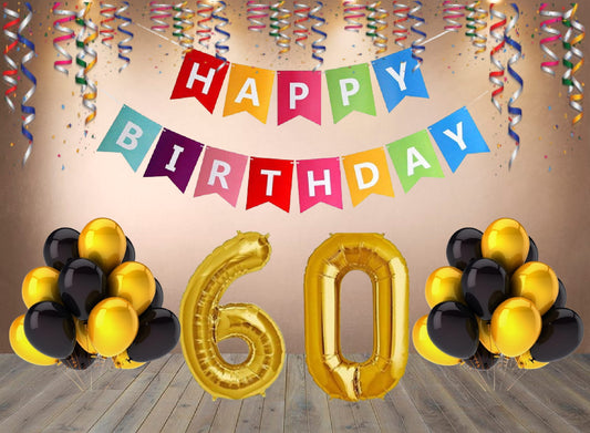 Number 60 Gold Foil Balloon and 25 Nos Black and Gold Color Latex Balloon and Happy Birthday Banner Combo