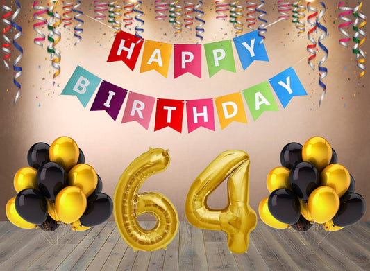 Number 64 Gold Foil Balloon and 25 Nos Black and Gold Color Latex Balloon and Happy Birthday Banner Combo