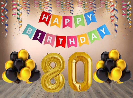 Number 80 Gold Foil Balloon and 25 Nos Black and Gold Color Latex Balloon and Happy Birthday Banner Combo