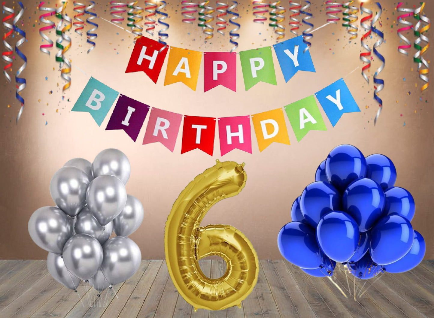 Number  6 Gold Foil Balloon and 25 Nos Blue and Silver Color Latex Balloon and Happy Birthday Banner Combo