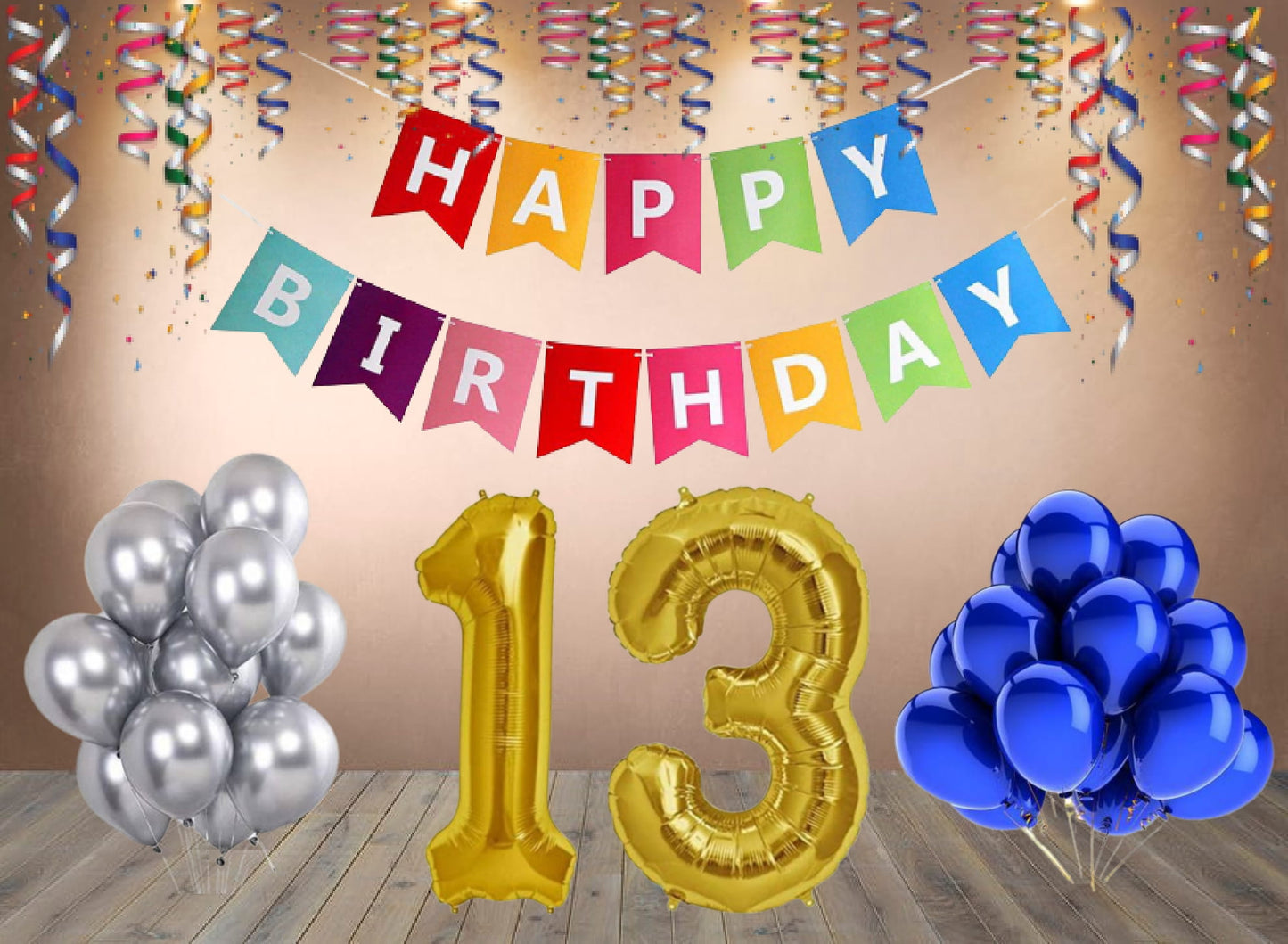 Number 13  Gold Foil Balloon and 25 Nos Blue and Silver Color Latex Balloon and Happy Birthday Banner Combo