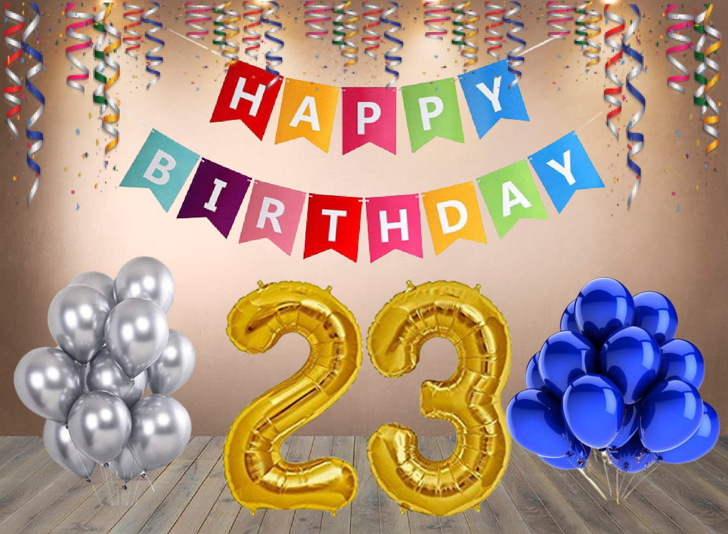 Number 23  Gold Foil Balloon and 25 Nos Blue and Silver Color Latex Balloon and Happy Birthday Banner Combo