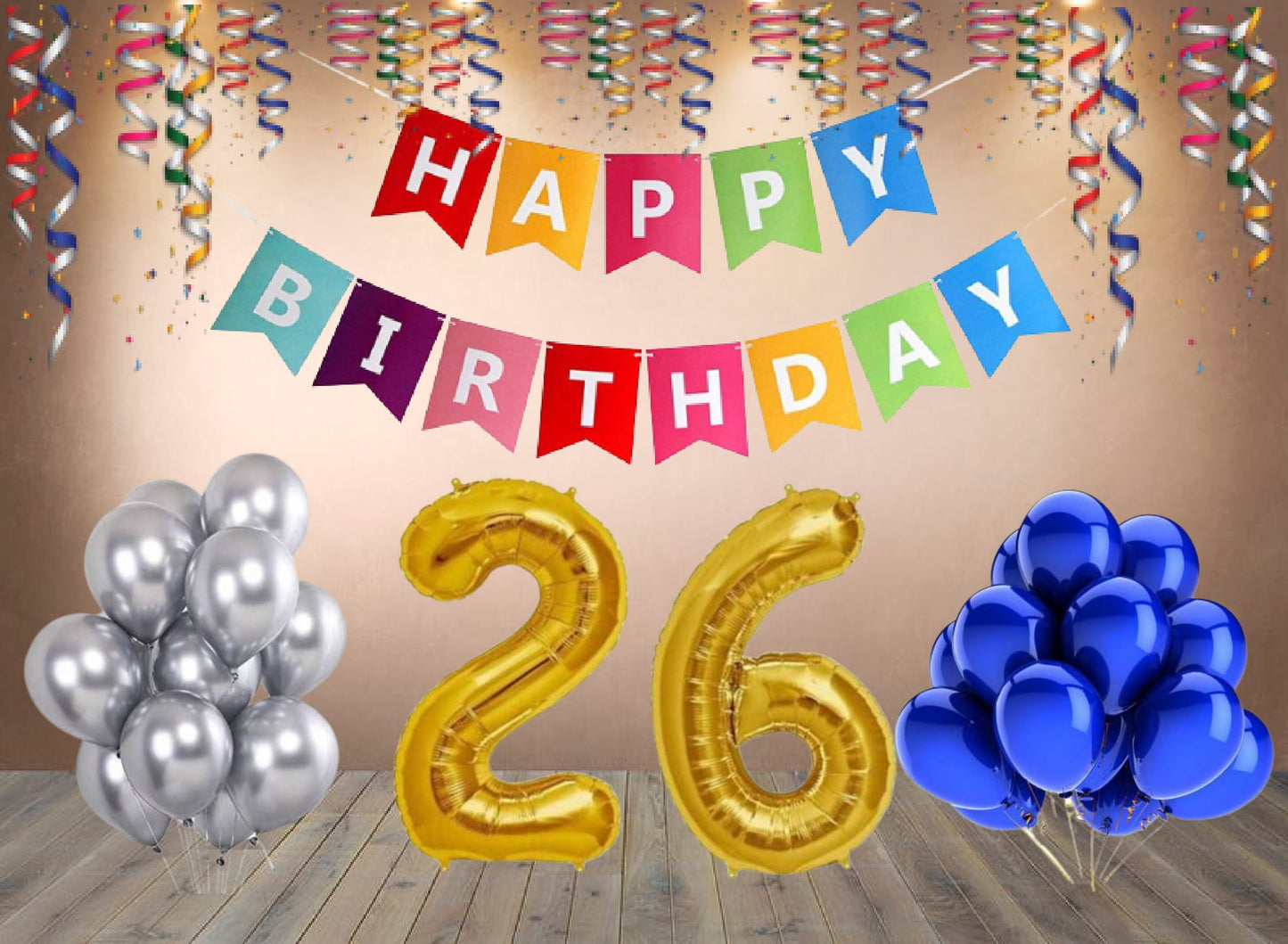 Number  26 Gold Foil Balloon and 25 Nos Blue and Silver Color Latex Balloon and Happy Birthday Banner Combo