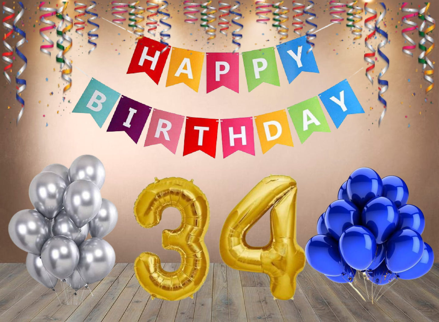 Number 34  Gold Foil Balloon and 25 Nos Blue and Silver Color Latex Balloon and Happy Birthday Banner Combo