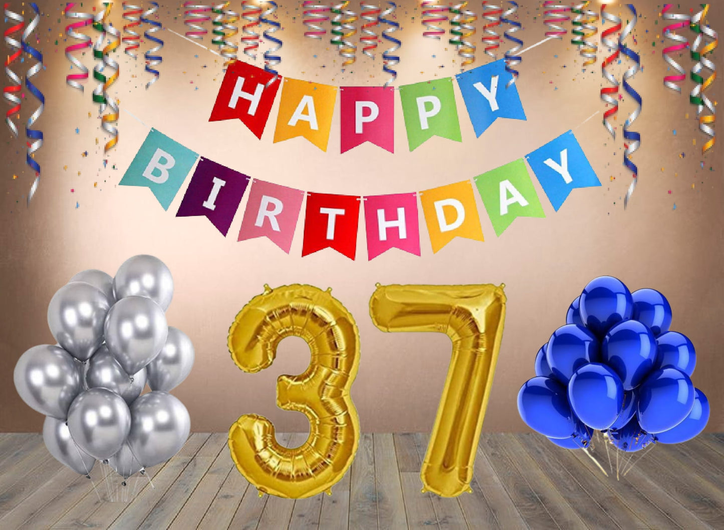 Number 37  Gold Foil Balloon and 25 Nos Blue and Silver Color Latex Balloon and Happy Birthday Banner Combo