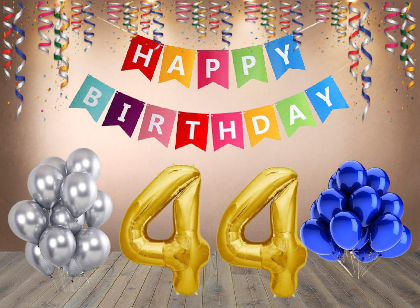 Number 44  Gold Foil Balloon and 25 Nos Blue and Silver Color Latex Balloon and Happy Birthday Banner Combo