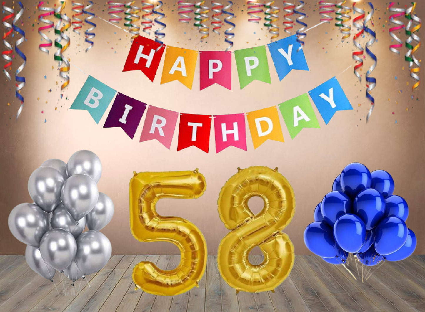 Number  58 Gold Foil Balloon and 25 Nos Blue and Silver Color Latex Balloon and Happy Birthday Banner Combo