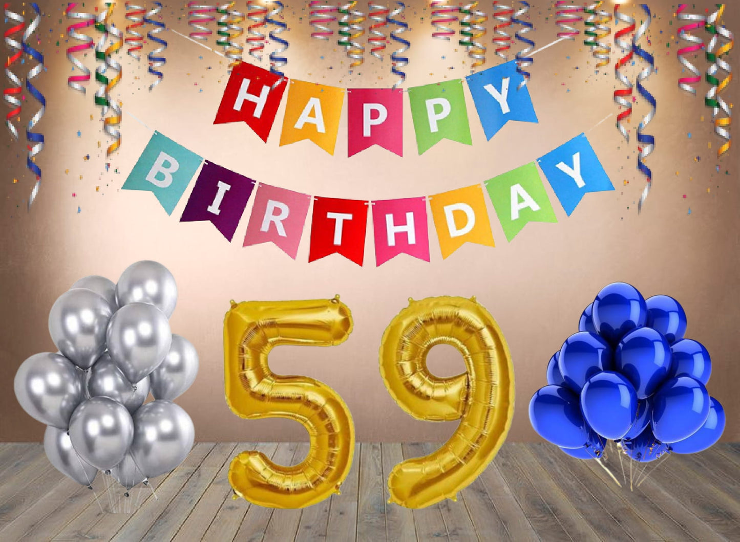Number  59 Gold Foil Balloon and 25 Nos Blue and Silver Color Latex Balloon and Happy Birthday Banner Combo