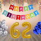 Number 62  Gold Foil Balloon and 25 Nos Blue and Silver Color Latex Balloon and Happy Birthday Banner Combo