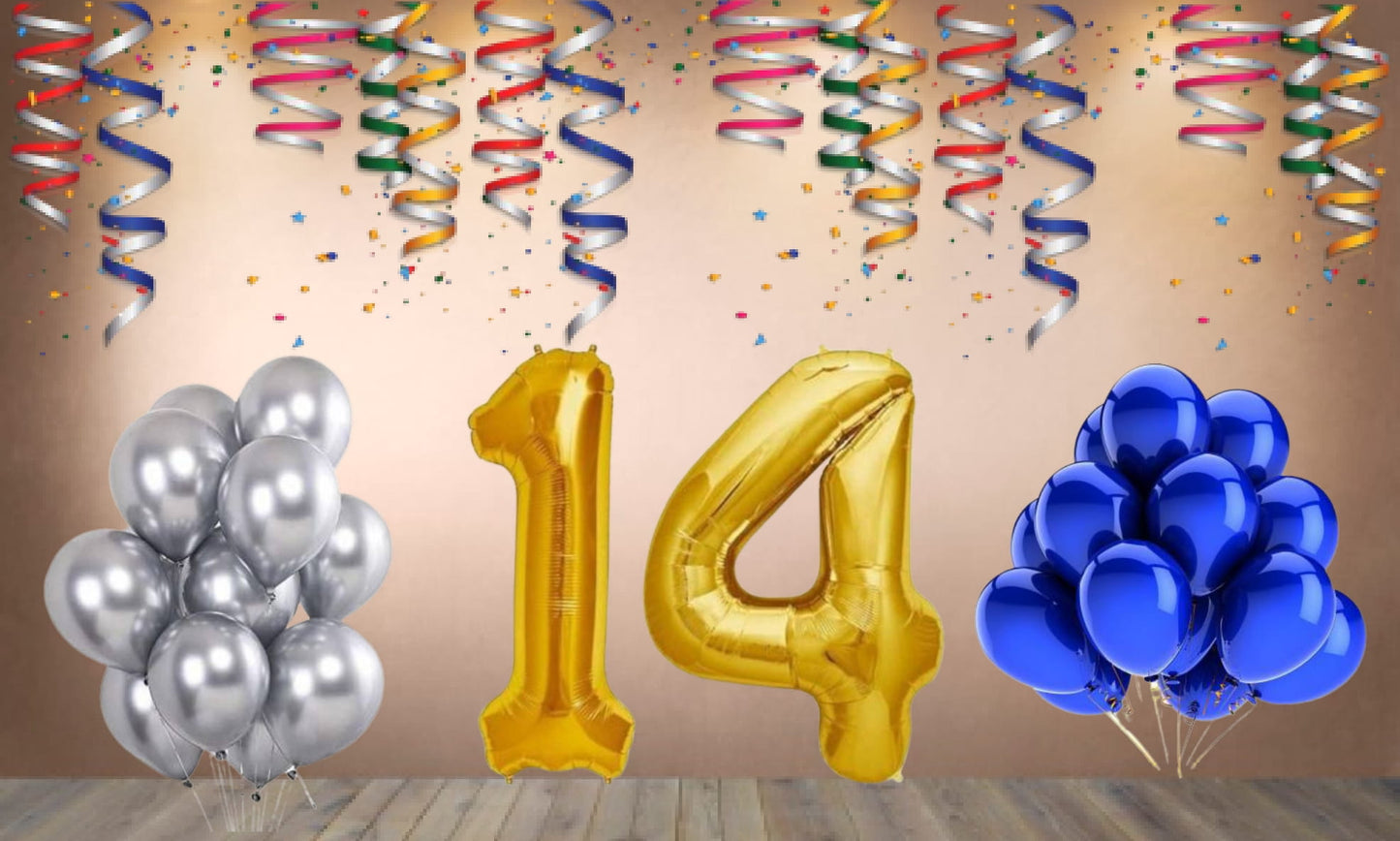 Number 14 Gold Foil Balloon and 25 Nos Blue and Silver Color Latex Balloon Combo