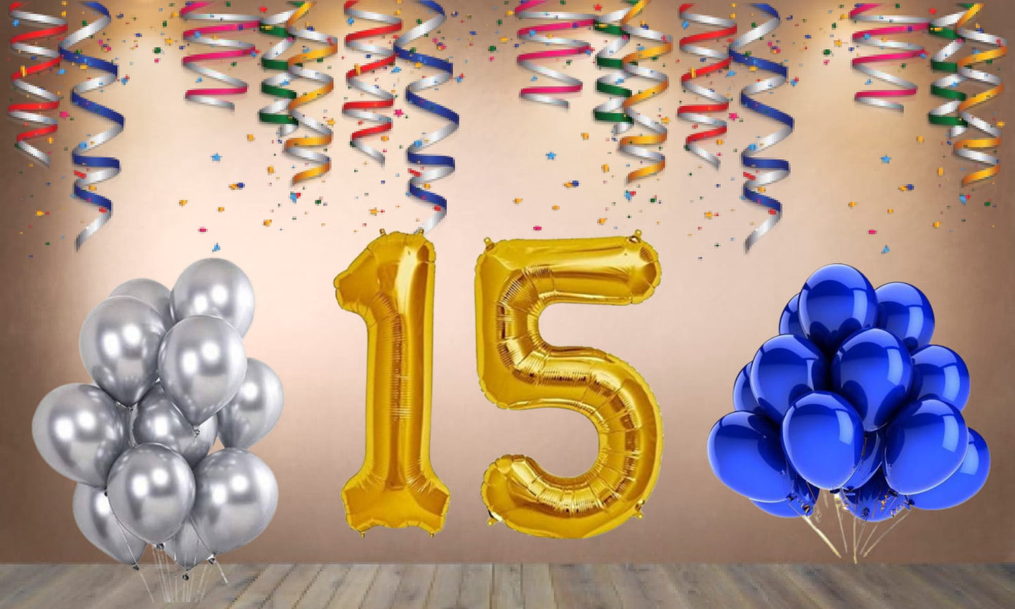 Number 15 Gold Foil Balloon and 25 Nos Blue and Silver Color Latex Balloon Combo