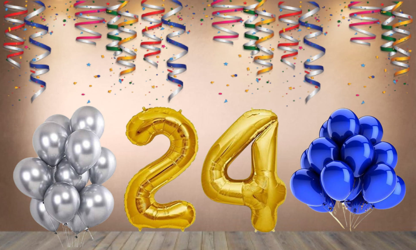 Number 24 Gold Foil Balloon and 25 Nos Blue and Silver Color Latex Balloon Combo