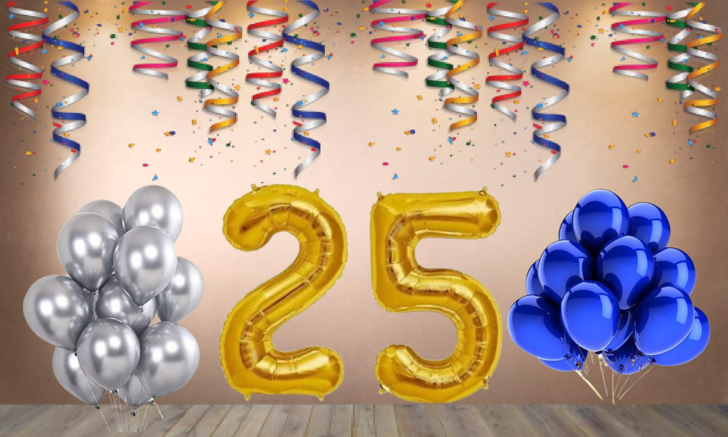 Number 25 Gold Foil Balloon and 25 Nos Blue and Silver Color Latex Balloon Combo