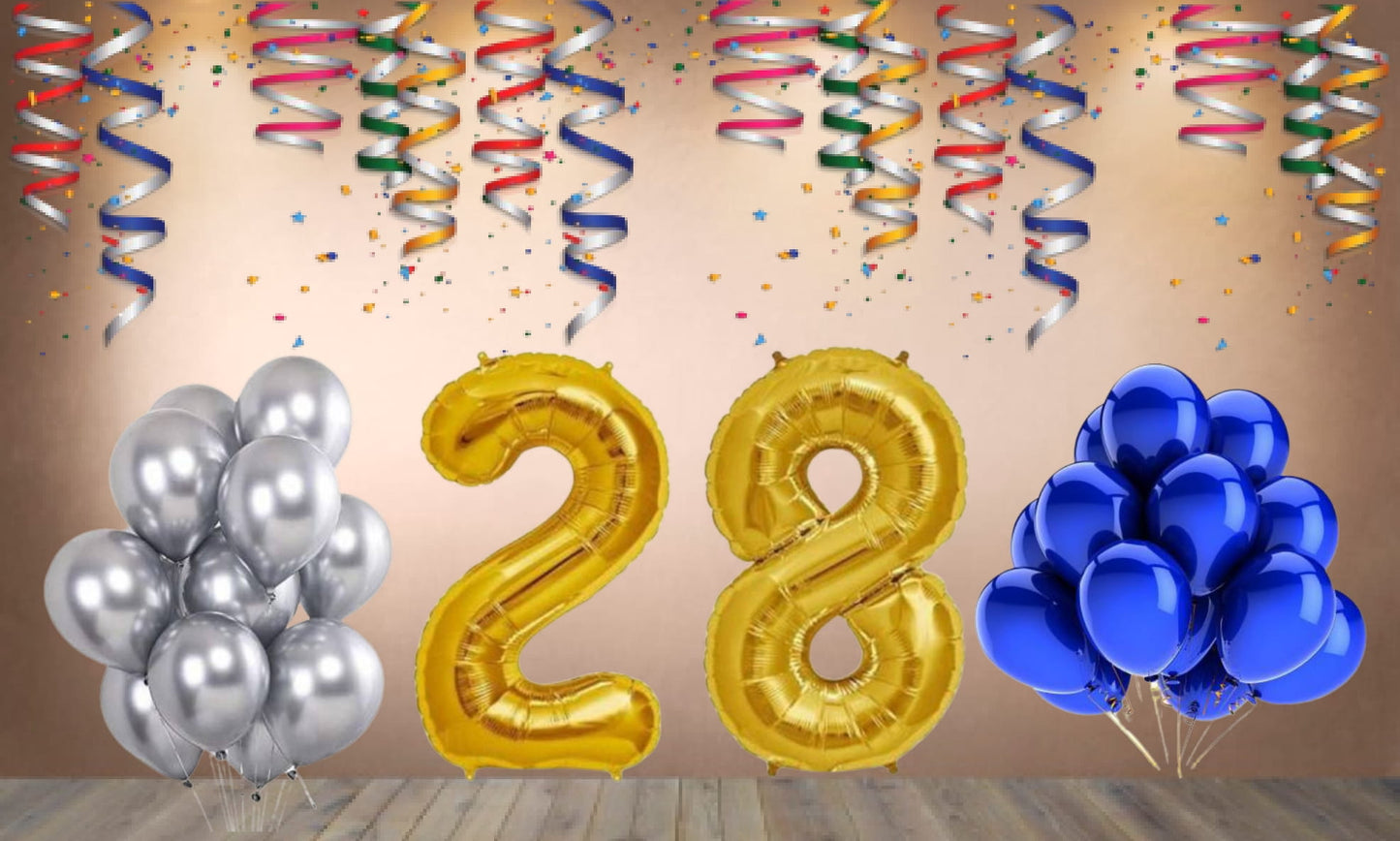 Number 28 Gold Foil Balloon and 25 Nos Blue and Silver Color Latex Balloon Combo
