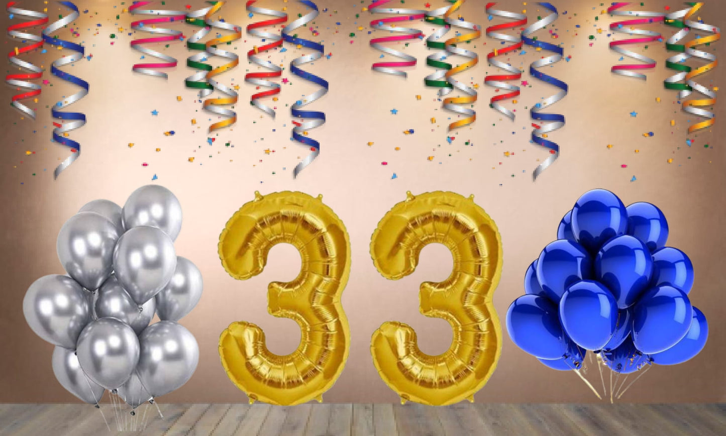 Number 33 Gold Foil Balloon and 25 Nos Blue and Silver Color Latex Balloon Combo