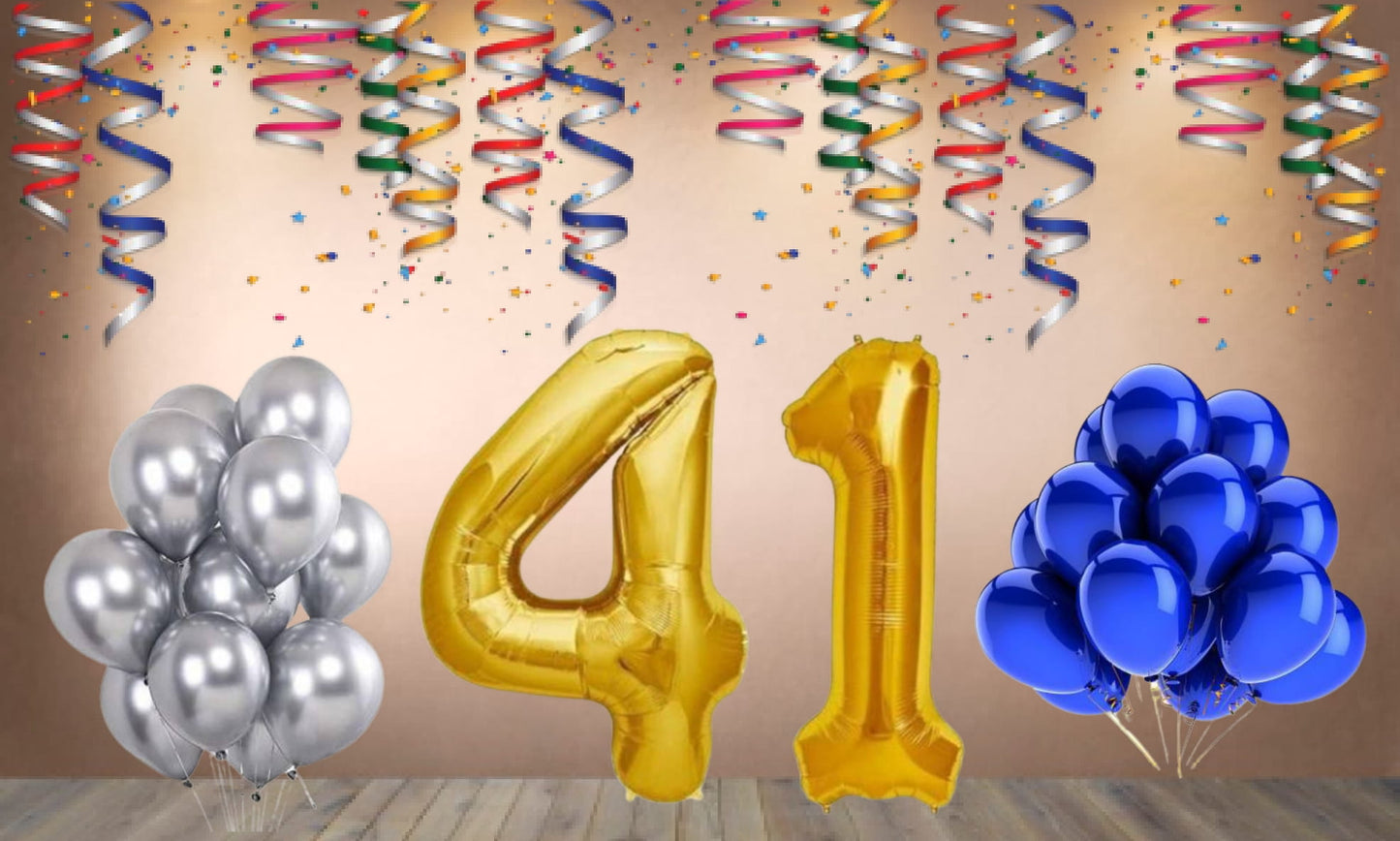 Number 41 Gold Foil Balloon and 25 Nos Blue and Silver Color Latex Balloon Combo