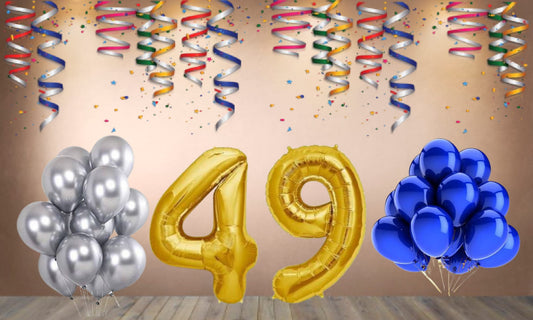 Number 49 Gold Foil Balloon and 25 Nos Blue and Silver Color Latex Balloon Combo