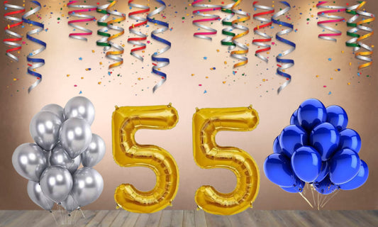 Number 55 Gold Foil Balloon and 25 Nos Blue and Silver Color Latex Balloon Combo