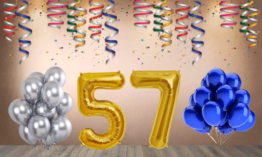 Number 57 Gold Foil Balloon and 25 Nos Blue and Silver Color Latex Balloon Combo
