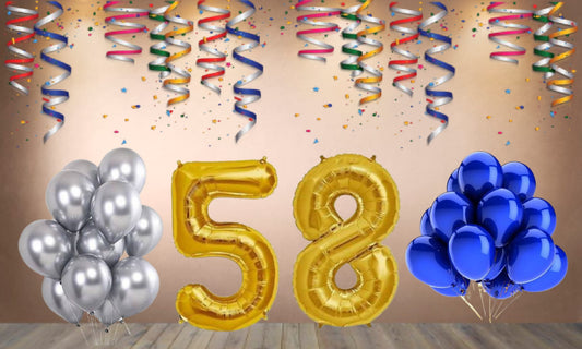 Number 58 Gold Foil Balloon and 25 Nos Blue and Silver Color Latex Balloon Combo