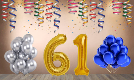 Number 61 Gold Foil Balloon and 25 Nos Blue and Silver Color Latex Balloon Combo