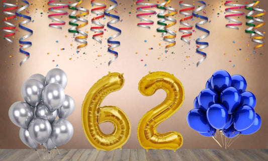Number 62 Gold Foil Balloon and 25 Nos Blue and Silver Color Latex Balloon Combo