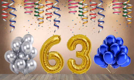 Number 63 Gold Foil Balloon and 25 Nos Blue and Silver Color Latex Balloon Combo