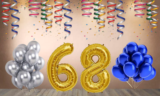 Number 68 Gold Foil Balloon and 25 Nos Blue and Silver Color Latex Balloon Combo