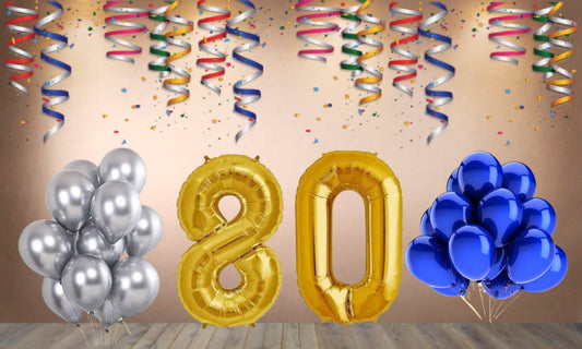 Number 80 Gold Foil Balloon and 25 Nos Blue and Silver Color Latex Balloon Combo