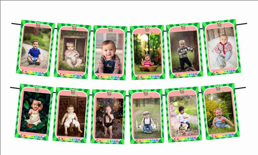 Cocomelon Theme Birthday Photo Banner - Monthly Yearly Milestone Birthday Random Photo Banner Bunting for Newborn to Kids, Picture Banner for Birthday and Theme Party (12 Buntings)