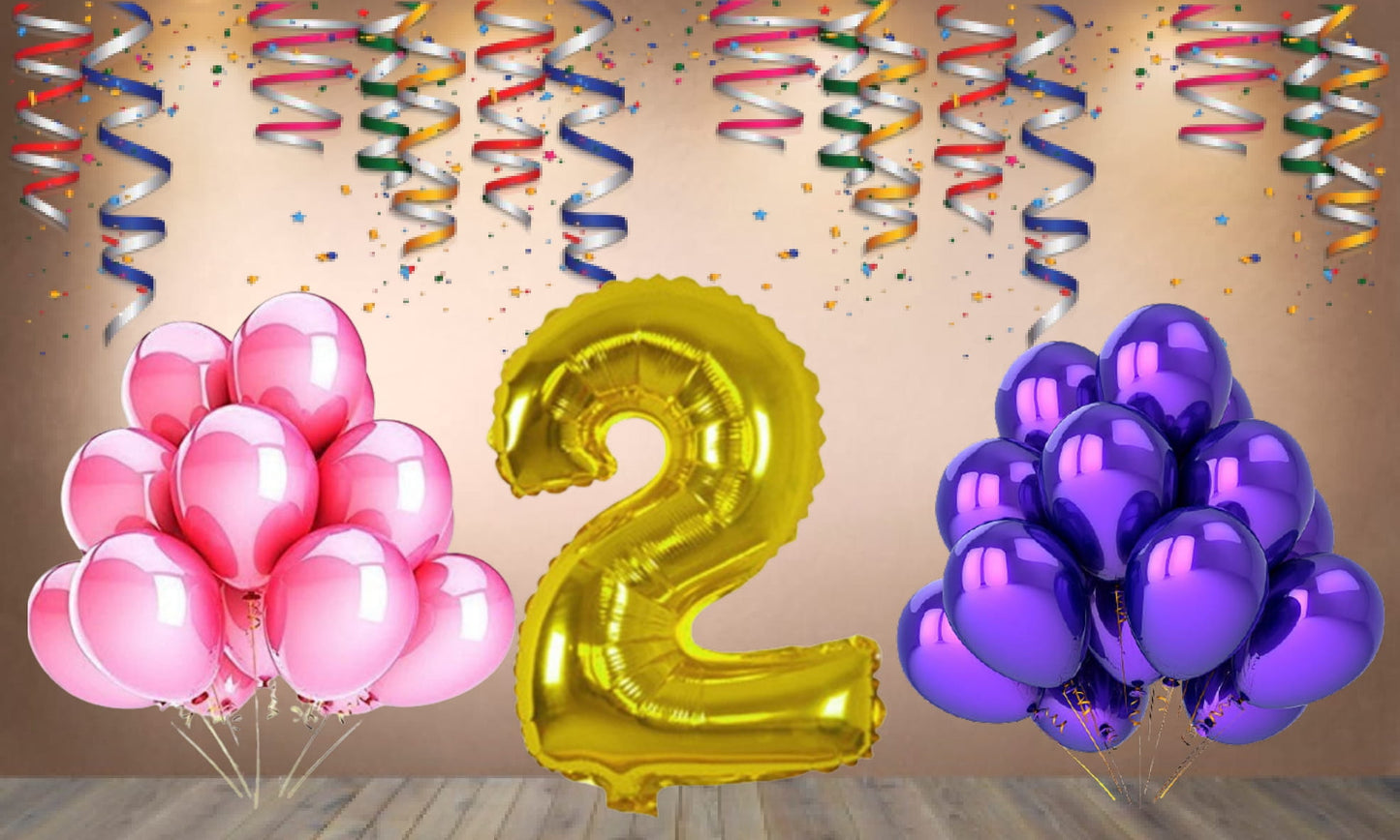 Number 2 Gold Foil Balloon and 25 Nos Pink and Purple Color Latex Balloon Combo