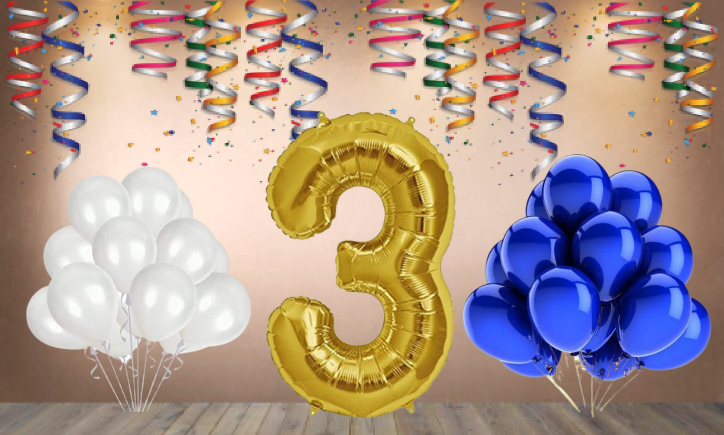 Number  3 Gold Foil Balloon and 25 Nos Blue and White Color Latex Balloon Combo