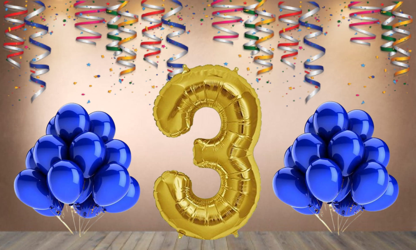 Number 3 Gold Foil Balloon and 25 Nos Blue Color Latex Balloon Combo