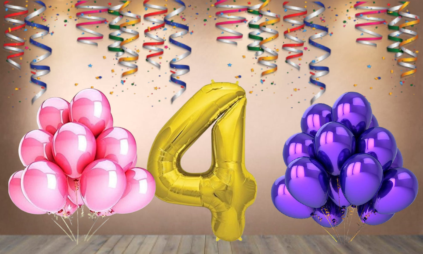 Number 4 Gold Foil Balloon and 25 Nos Pink and Purple Color Latex Balloon Combo
