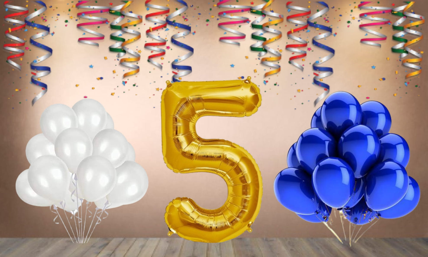 Number  5 Gold Foil Balloon and 25 Nos Blue and White Color Latex Balloon Combo