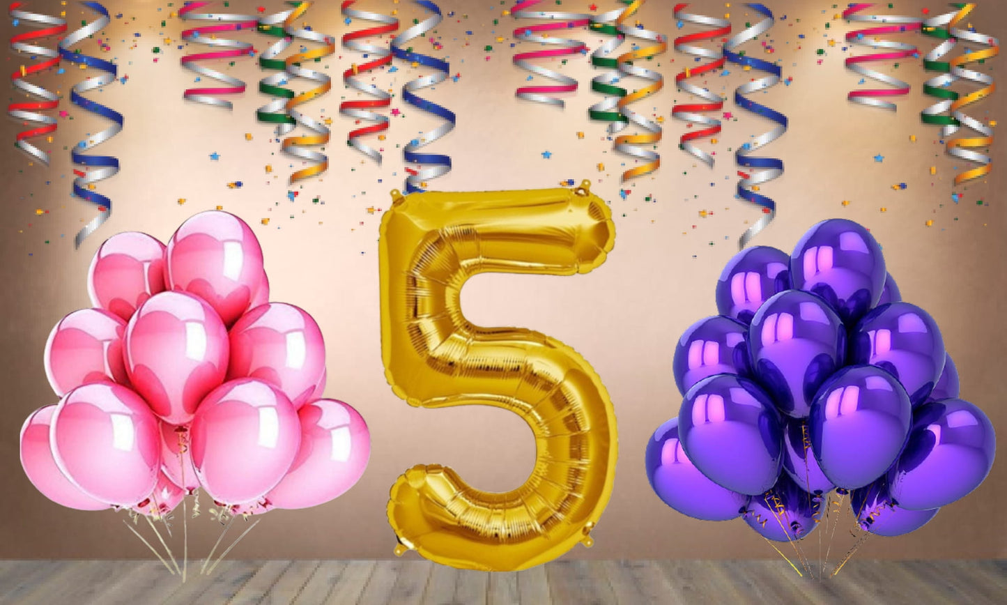 Number 5 Gold Foil Balloon and 25 Nos Pink and Purple Color Latex Balloon Combo