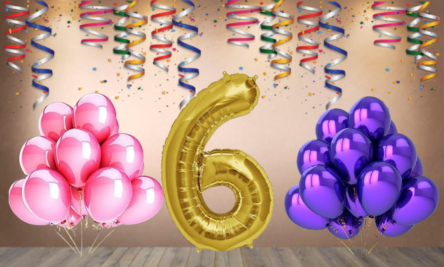 Number 6 Gold Foil Balloon and 25 Nos Pink and Purple Color Latex Balloon Combo