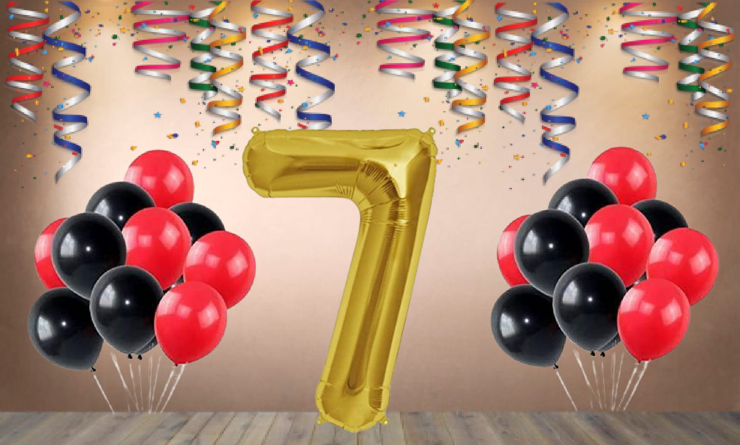 Number  7 Gold Foil Balloon and 25 Nos Black and Red Color Latex Balloon Combo